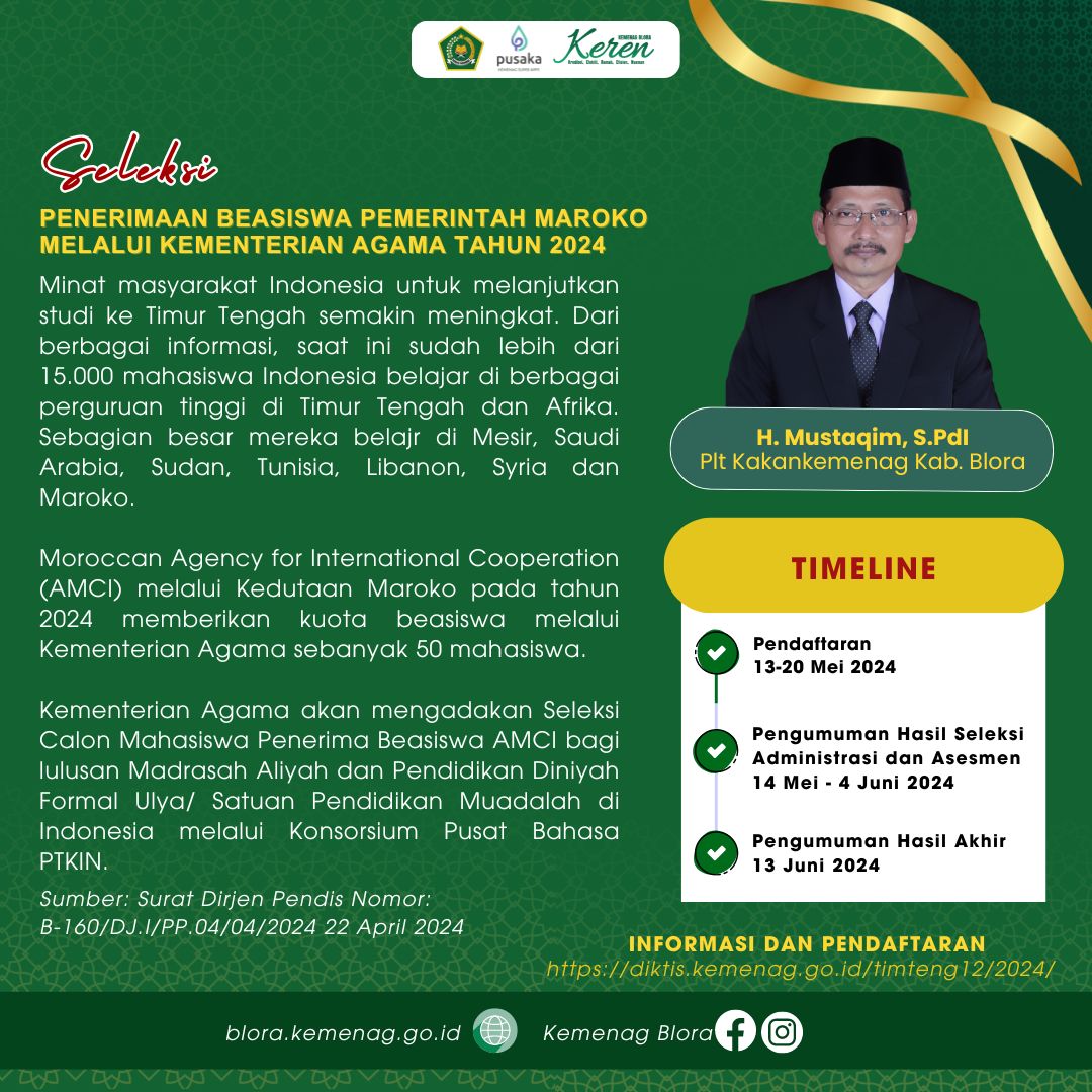 Seleksi Penerimaan Beasiswa Pemerintah Maroko melalui Kementerian Agama Tahun 2024